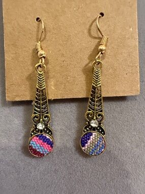 Boho Dangle Earrings Gold Tone Colorful Fabric Inlay Statement